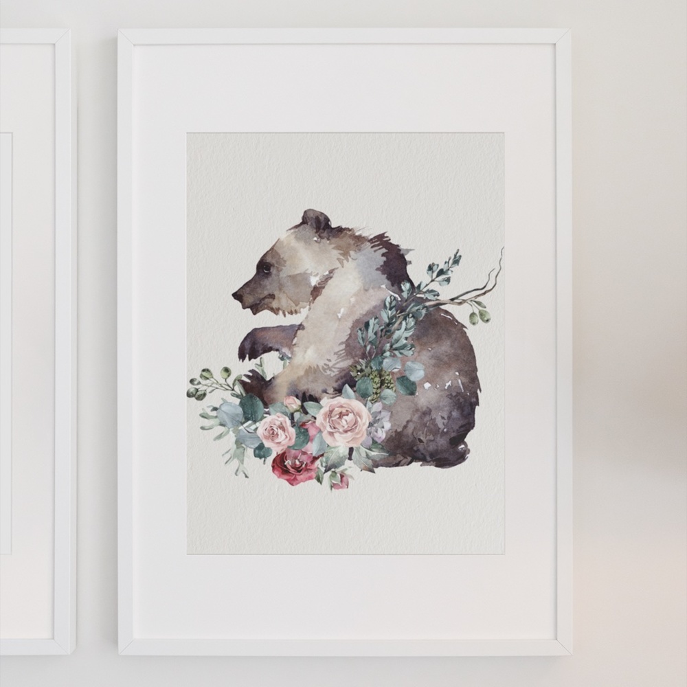 Watercolor Floral Bear Wall Art Print Poster Unframed - Picture 5 of 17